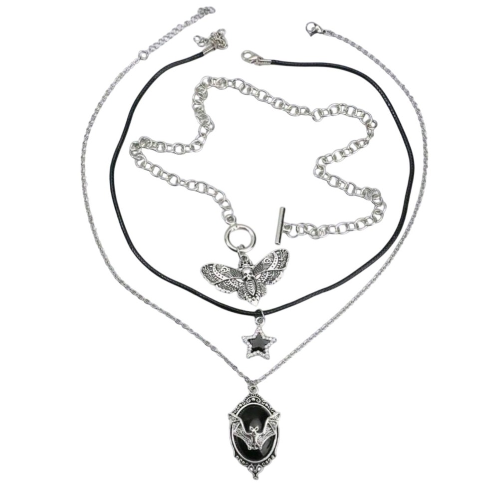 Gothic Layered Necklace Set Silver Moth Bat Star Pendants Black Cord Alt Jewelry